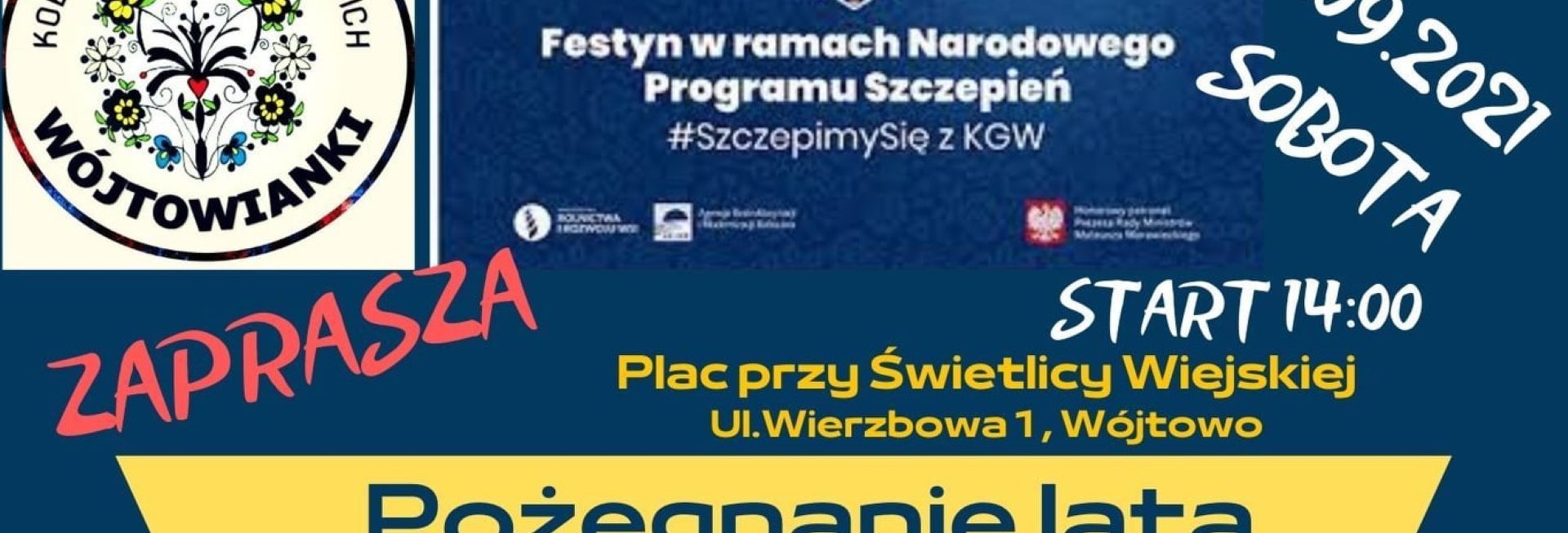 Plakat graficzny zapraszający do Wójtowa na festyn "Pożegnanie Lata - zdrowo i sportowo" - Wójtowo 2021. Na plakacie napisy i szczegółowy program imprezy.