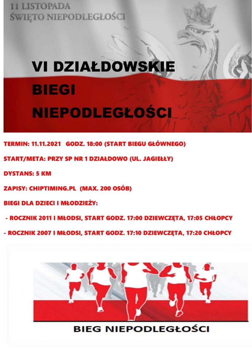 Plakat graficzny zapraszający do Działdowa na cykliczną imprezę sportową 6. edycję Działdowski Bieg Niepodległości - Działdowo 2021.