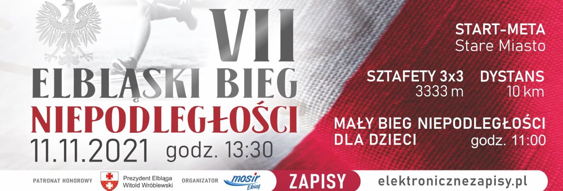 Plakat graficzny zapraszający do Elbląga na 7. edycję Elbląskiego Biegu Niepodległości - Elbląg 2021.