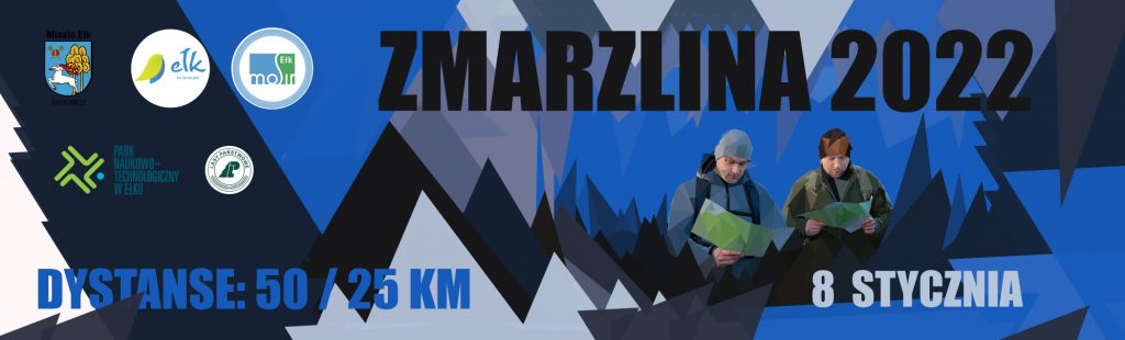 Plakat graficzny zapraszający do Ełku na cykliczną sportową imprezę cieszącą się dużym zainteresowaniem Ełcka Zmarzlina - Ełk 2022.