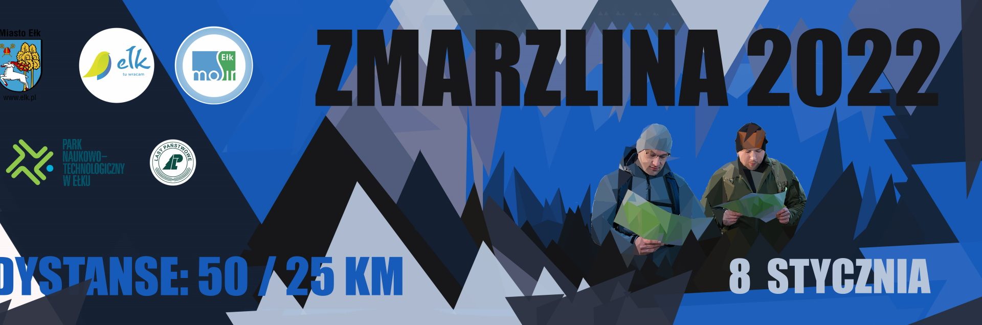 Plakat graficzny zapraszający do Ełku na cykliczną sportową imprezę cieszącą się dużym zainteresowaniem Ełcka Zmarzlina - Ełk 2022.