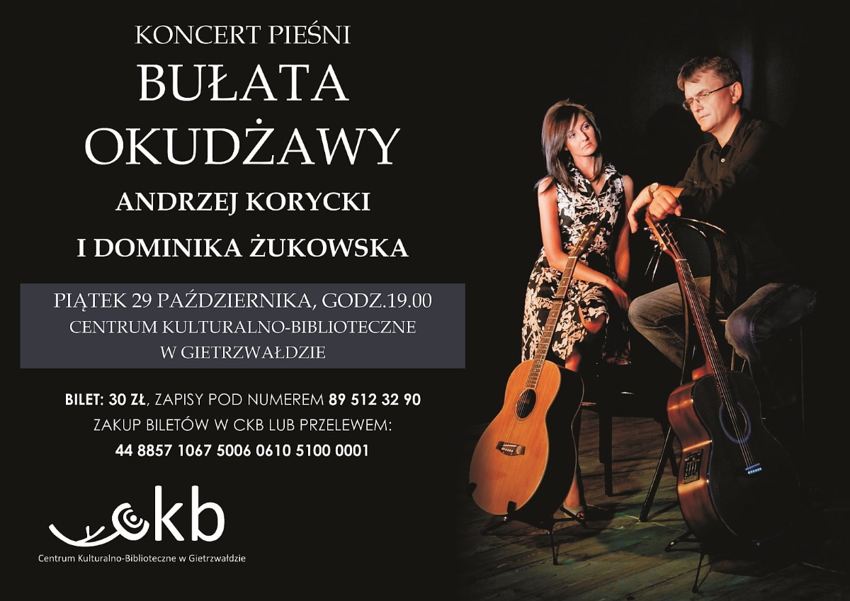 Plakat graficzny zapraszający do Gietrzwałdu na koncert Pieśni Bułata Okudżawy - Gietrzwałd 2021.
