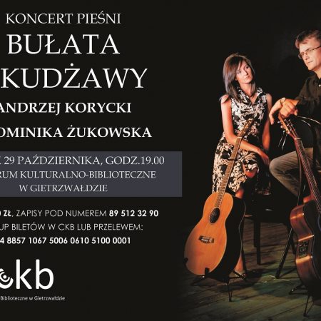 Plakat graficzny zapraszający do Gietrzwałdu na koncert Pieśni Bułata Okudżawy - Gietrzwałd 2021.