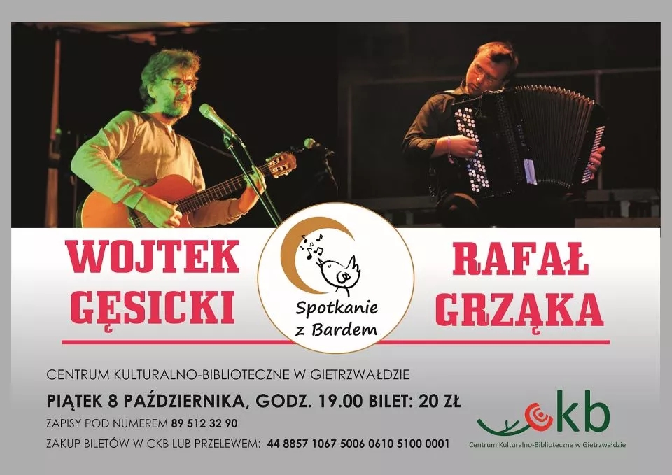 Plakat graficzny zapraszający do Gietrzwałdu na koncert z cyklu Spotkania z Bardem Wojtek Gęsicki & Rafał Grząka - Gietrzwałd 2021.