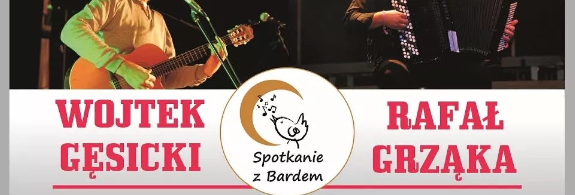 Plakat graficzny zapraszający do Gietrzwałdu na koncert z cyklu Spotkania z Bardem Wojtek Gęsicki & Rafał Grząka - Gietrzwałd 2021.