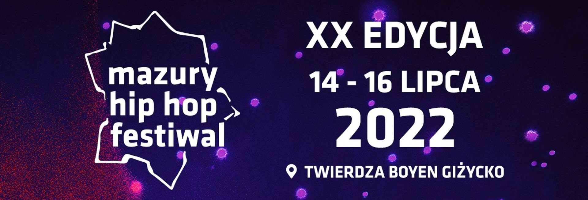 Plakat graficzny zapraszający do Giżycka na jubileuszową 20. edycję Mazury Hip Hop Festiwal – Giżycko 2022. Spotkajmy się w Twierdzy Boyen na najstarszym hip-hopowym festiwalu w Polsce!