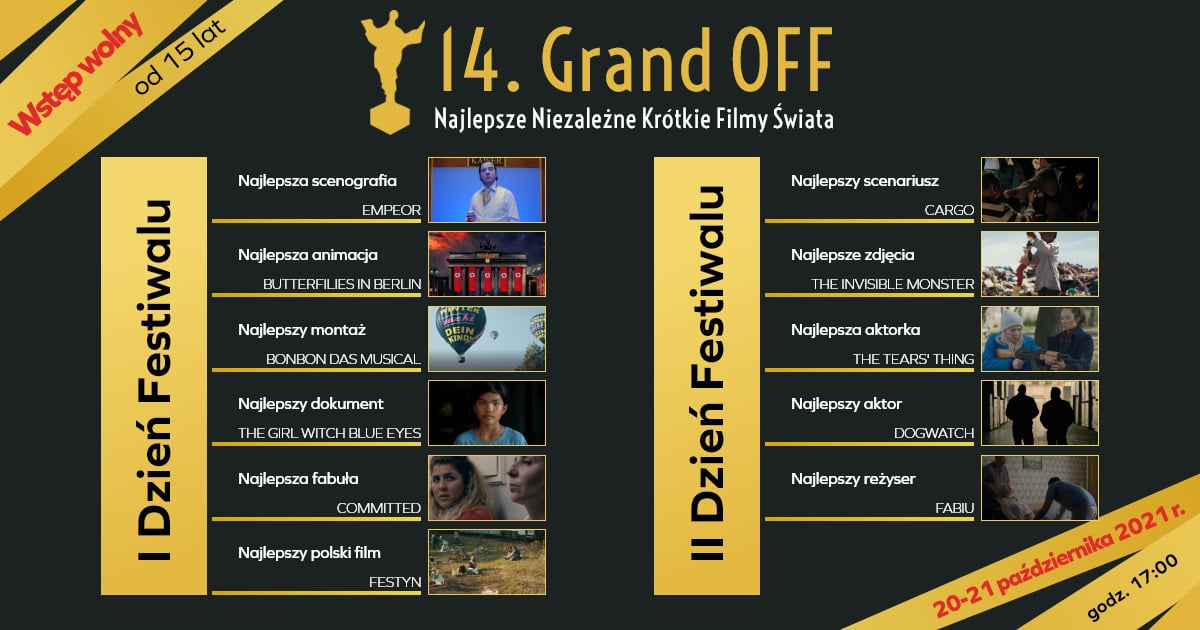 Plakat graficzny zapraszający do Mrągowa na prezentację najlepszych krótkometrażowych filmów świata - 14. Festiwalu Grand OFF Mrągowo 2021.  