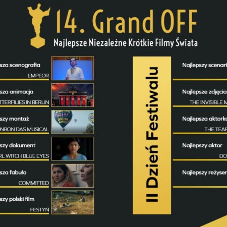 Plakat graficzny zapraszający do Mrągowa na prezentację najlepszych krótkometrażowych filmów świata - 14. Festiwalu Grand OFF Mrągowo 2021.  