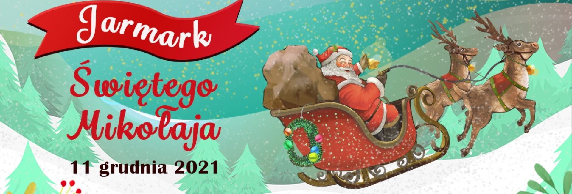 Plakat graficzny zapraszający na cykliczną imprezę Jarmark św. Mikołaja - Mrągowo 2021.