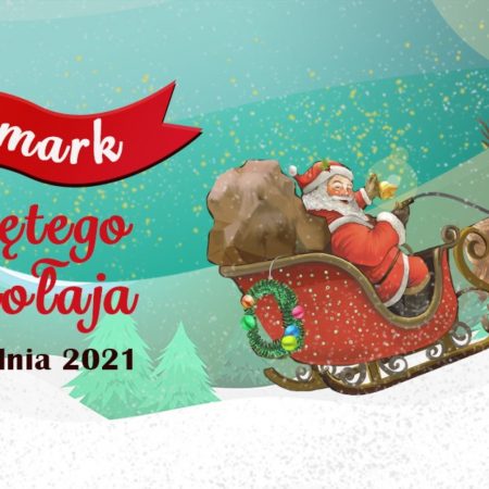 Plakat graficzny zapraszający na cykliczną imprezę Jarmark św. Mikołaja - Mrągowo 2021.