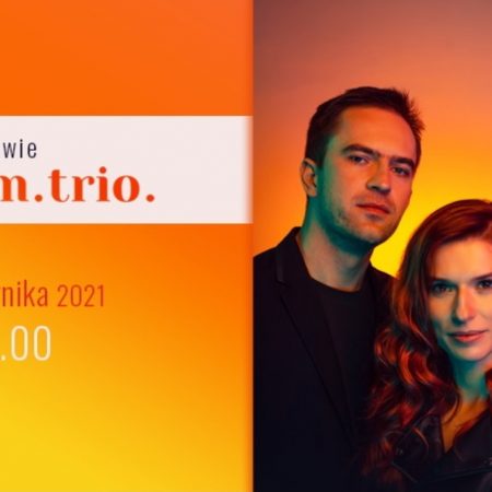 Plakat graficzny zapraszający do Mrągowa na koncert zespołu Olko.m.trio - Mrągowo 2021.