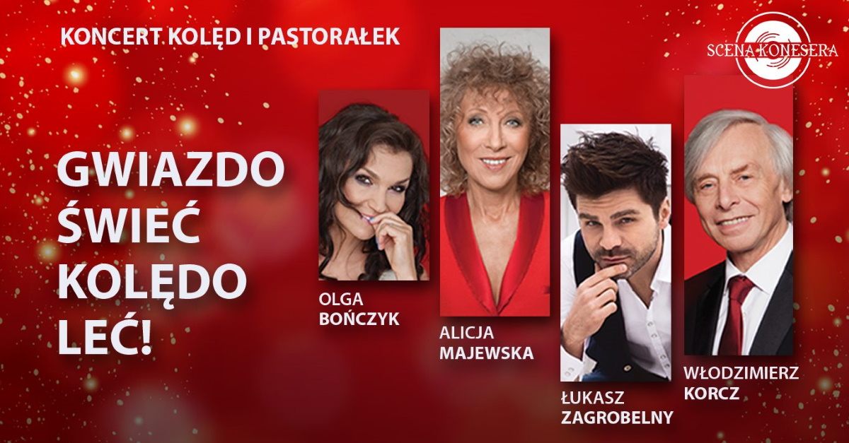 Plakat graficzny zapraszający do Olsztyna na Koncert kolęd i pastorałek "Gwiazdo świeć, kolędo leć" - Olsztyn 2021.