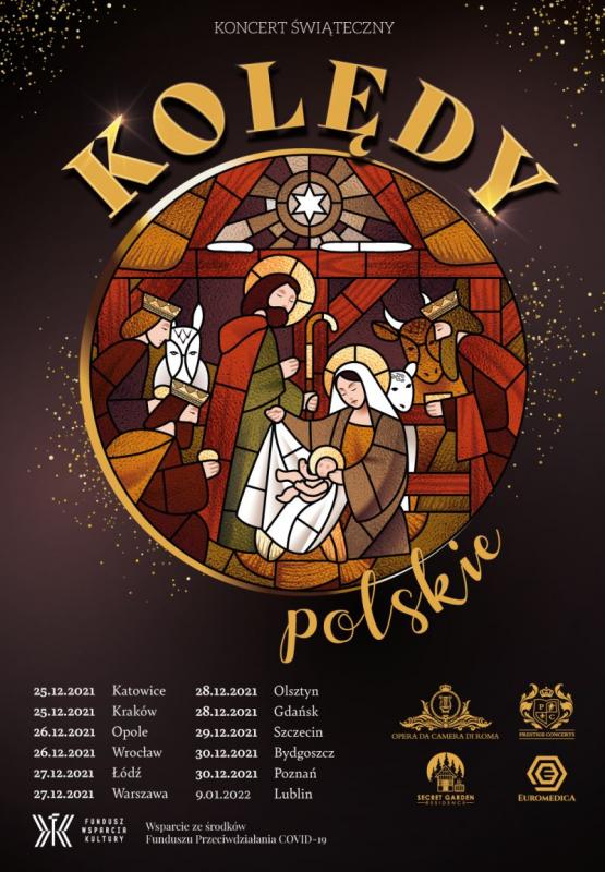 Plakat graficzny zapraszający do Olsztyna na Koncert Kolęd Polskich - Kościół ewangelicko-augsburski w Olsztynie 2021.