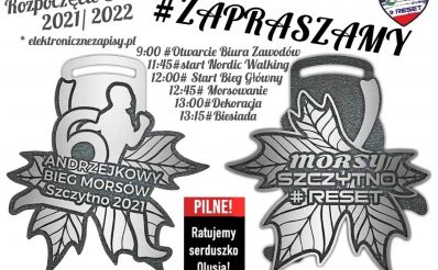 Plakat graficzny zapraszający na 6. edycję Andrzejkowego Biegu Morsa "Oficjalne Rozpoczęcie Sezonu Morsowego" - Szczytno 2021/22.