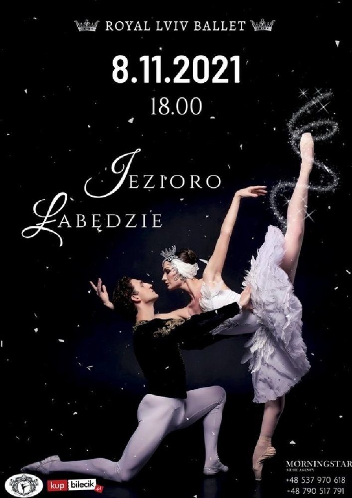 Plakat graficzny zapraszający do Szczytna na Royal Lviv Ballet "Jezioro Łabędzie" - Szczytno 2021.