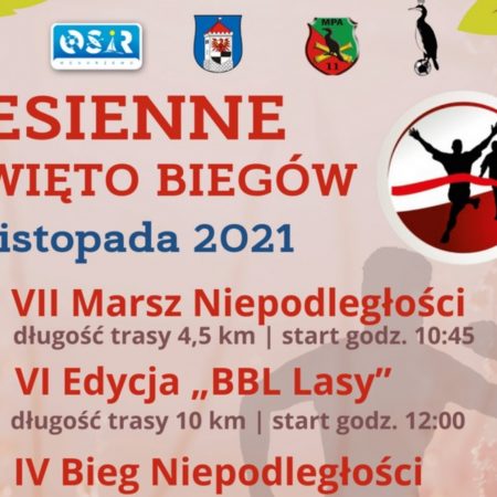 Plakat graficzny zapraszający do Węgorzewa na coroczną imprezę biegową Jesienne Święto Biegów VI edycja BiegamBoLubię LASY - Węgorzewo 2021.