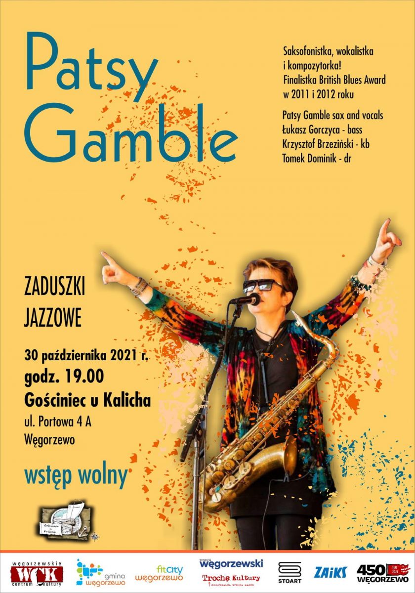 Plakat graficzny zapraszający do Węgorzewa na koncert Zaduszki Jazzowe Patsy Gamble - Węgorzewo 2021. 