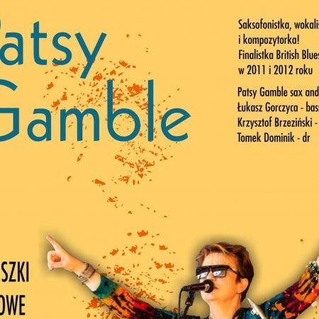 Plakat graficzny zapraszający do Węgorzewa na koncert Zaduszki Jazzowe Patsy Gamble - Węgorzewo 2021. 