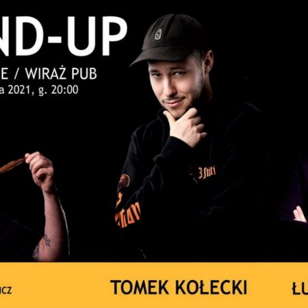 Plakat graficzny zapraszający do Bartoszyc na występ Stand-up Warmia TOMEK KOŁECKI / ŁUKASZ WOLSKI / JAKSA - Bartoszyce 2021.
