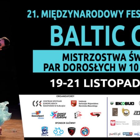 Plakat graficzny zapraszający na do Elbląga 21. edycję Międzynarodowego Festiwalu Tańca „Baltic Cup” - Elbląg 2021.