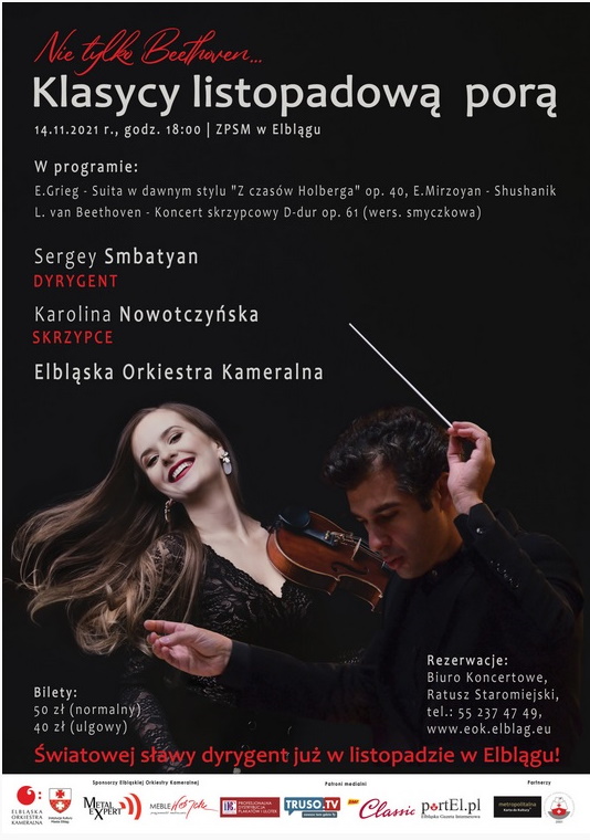 Plakat graficzny zapraszający do Elbląga na koncert "Nie tylko Beethoven, klasycy listopadową porą" - Elbląg 2021.