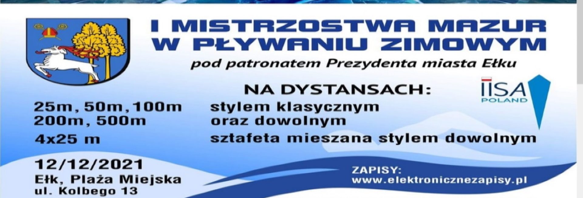 Plakat graficzny zapraszający na 1. edycję Mistrzostw Mazur w Pływaniu Zimowym "MASURIA WINTER SWIMMING CUP 2021" - Ełk 2021.