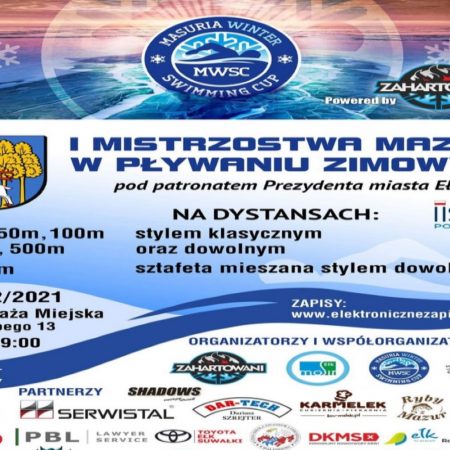 Plakat graficzny zapraszający na 1. edycję Mistrzostw Mazur w Pływaniu Zimowym "MASURIA WINTER SWIMMING CUP 2021" - Ełk 2021.