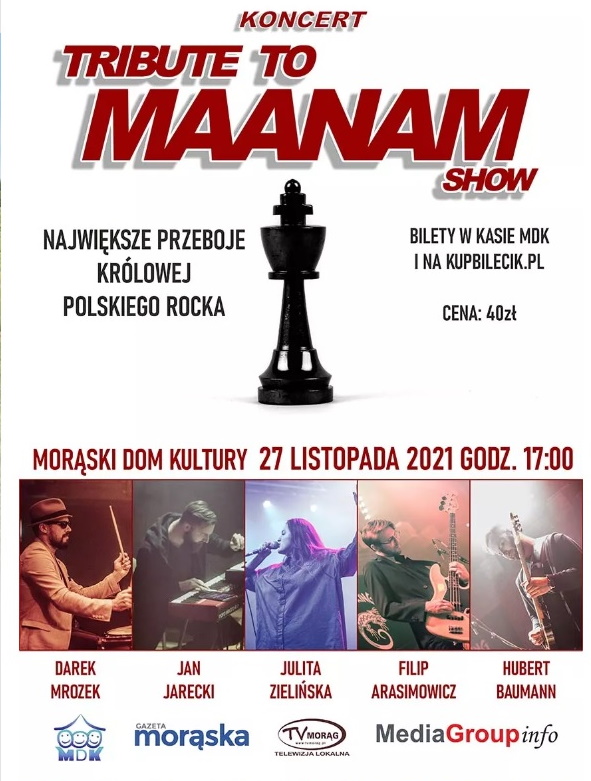 Plakat graficzny zapraszający do Morąga na koncert "Tribute to Maanam" największe przeboje zespołu Maanam - Morąg 2021.