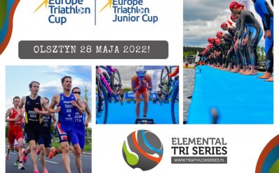 Plakat graficzny zapraszający do Olsztyna na zawody Triathlon Elemental Tri Series Olsztyn 2022. 