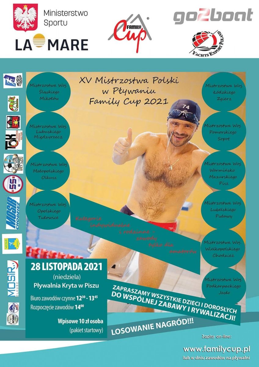Plakat graficzny zapraszający do Pisza na 15. edycję Mistrzostw Polski Family Cup - Pisz 2021.