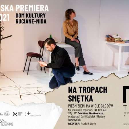 Plakat graficzny zapraszający do Rucianego-Nidy na spektakl teatralny - Mazurska Premiera "Na Tropach Smętka" Ruciane-Nida 2021. 