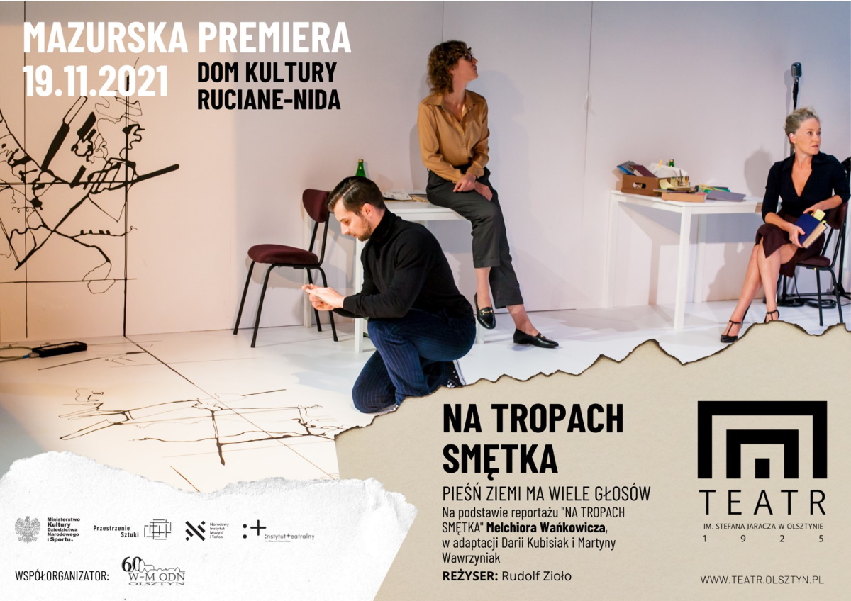 Plakat graficzny zapraszający do Rucianego-Nidy na spektakl teatralny - Mazurska Premiera "Na Tropach Smętka" Ruciane-Nida 2021. 