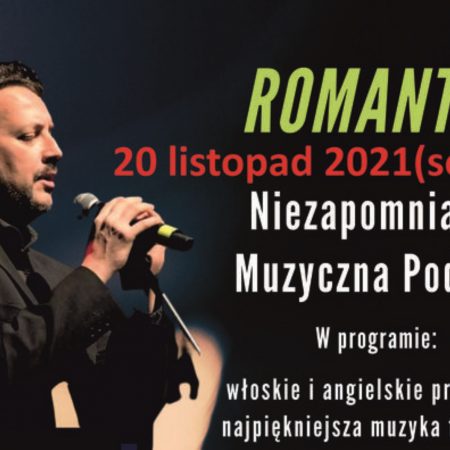 Plakat graficzny zapraszający do Szczytna na koncert "Romantic" - Szczytno 2021.