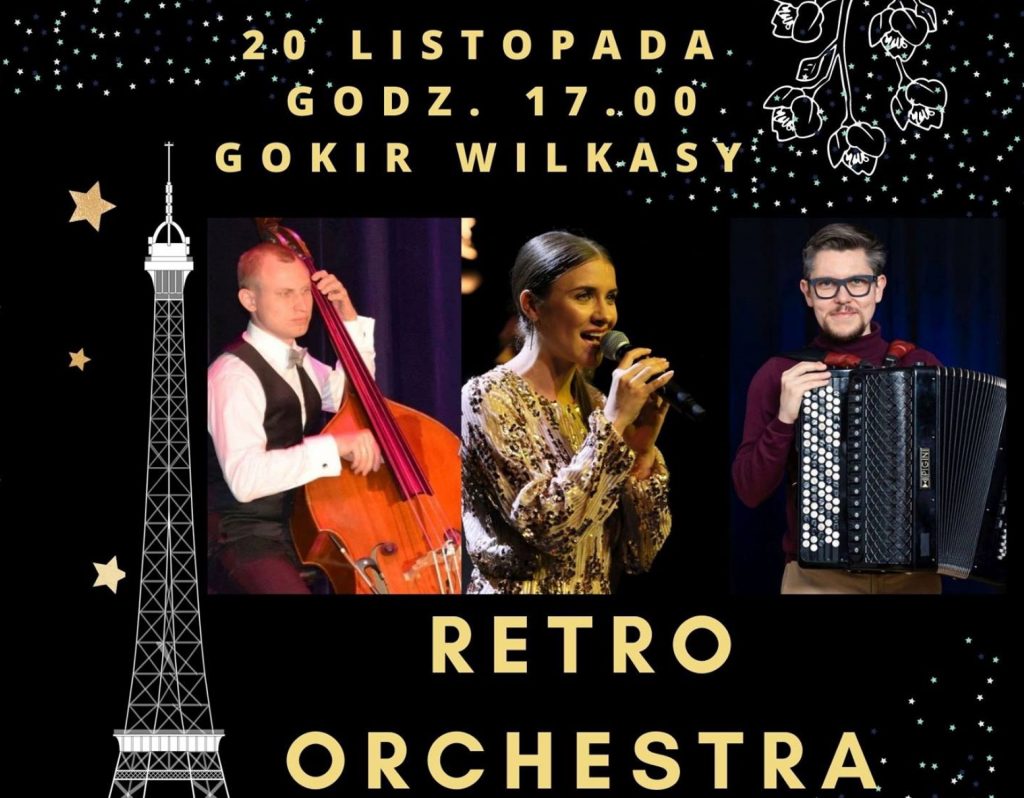 Plakat graficzny zapraszający do Wilkas na koncert "Pod dachami Paryża" - Wilkasy 2021.