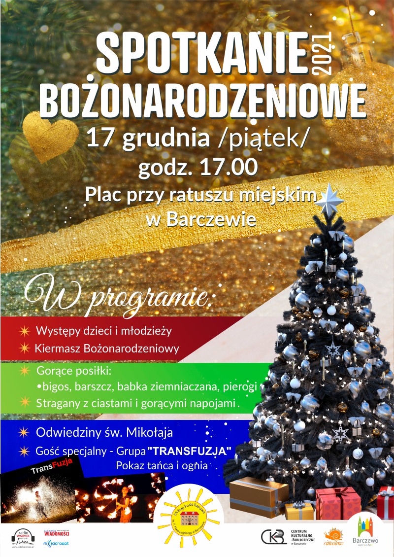 Plakat graficzny zapraszający do Barczewa na Spotkanie Bożonarodzeniowe - Barczewo 2021.
