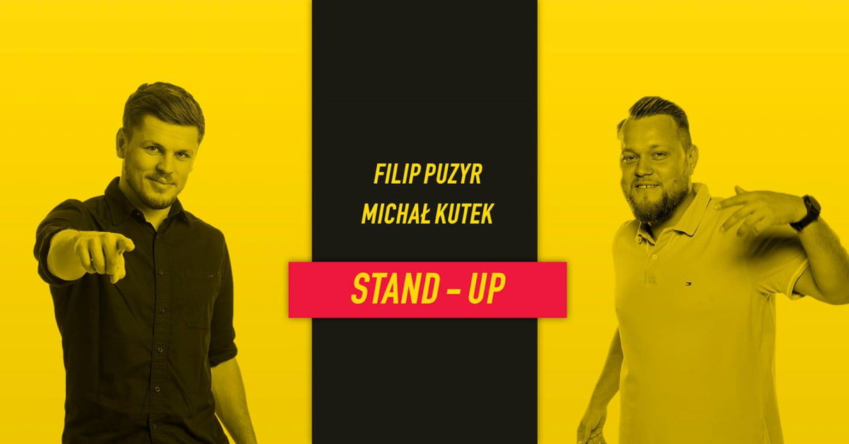 Plakat graficzny zapraszający do Klubu Mjazzga w Elblągu na występ Stand-up: Michał Kutek i Filip Puzyr - Elbląg 2021.