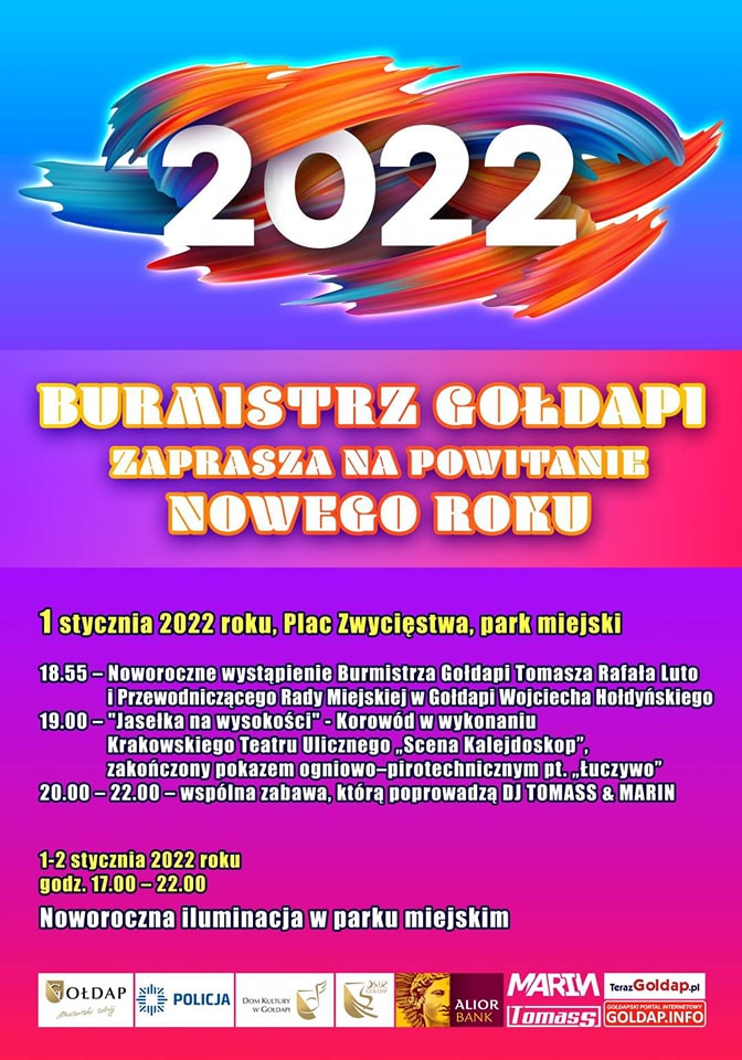Plakat graficzny zapraszający do Gołdapi na Powitanie Nowego Roku 2022 w Gołdapi.