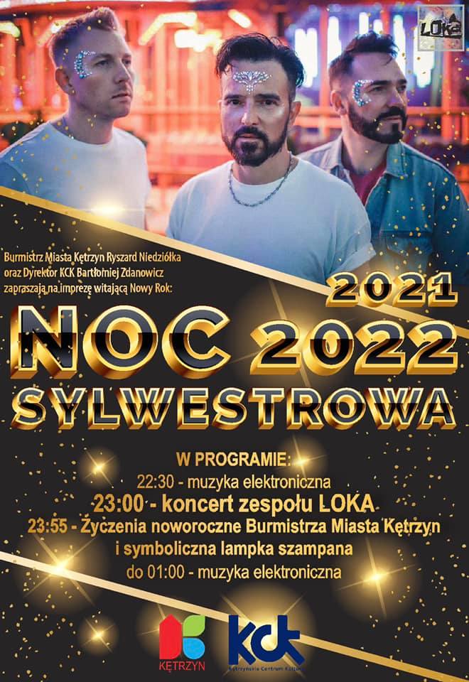 Plakat graficzny zapraszający do Kętrzyna na powitanie nowego roku, Noc Sylwestrowa - Kętrzyn 2021/2022.