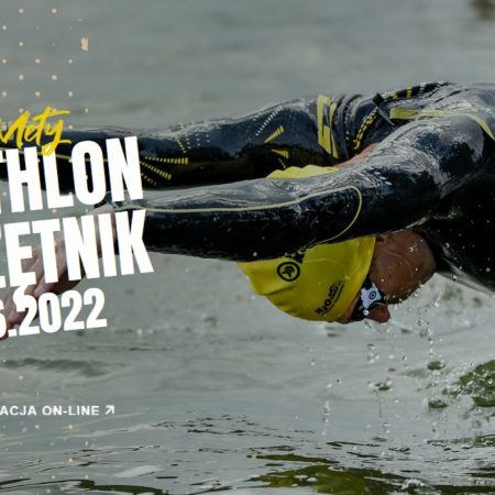 Plakat graficzny zapraszający do miejscowości Kurzętnik na zawody sportowe Triathlon Kurzętnik 2022. 