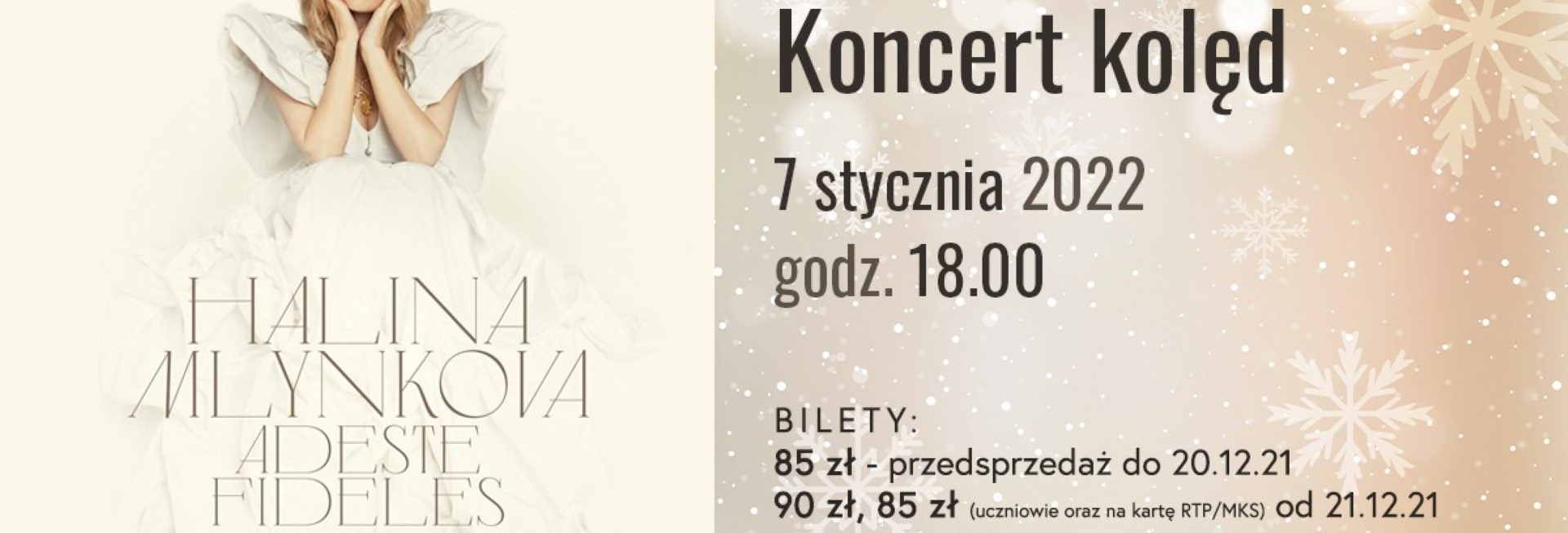Plakat graficzny zapraszający do Mrągowa Koncert Świąteczny Haliny Mlynkovej - Mrągowo 2022.