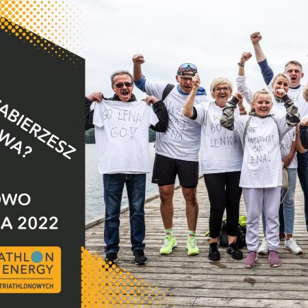 Plakat graficzny zapraszający do Mrągowa na cykliczną imprezę LOTTO Triathlon Energy Mrągowo 2022.