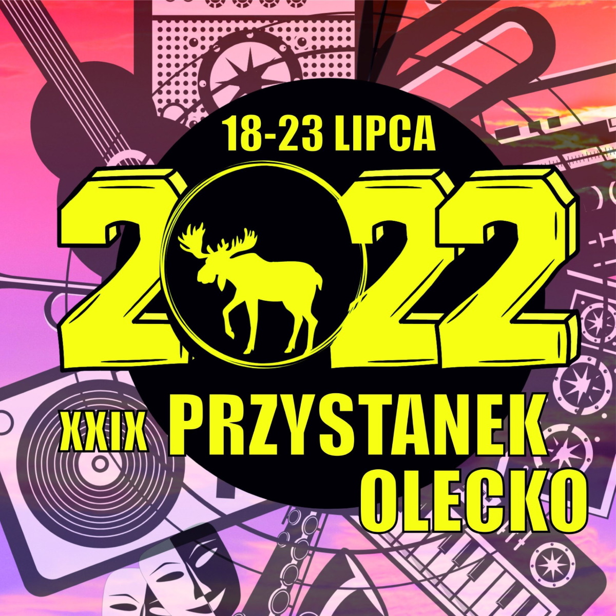 Plakat zapraszający do Olecka na coroczną interdyscyplinarną imprezę artystyczną w plenerze 29. edycję Przystanek Olecko 2022.