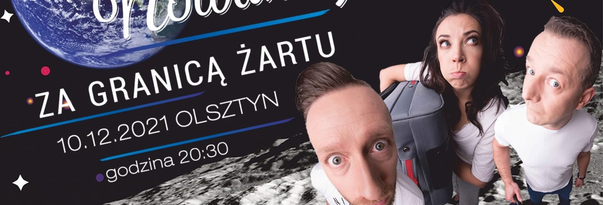 Plakat graficzny zapraszający do Olsztyna na występ kabaretu Nowaki "Za granicą żartu" - Olsztyn 2021.