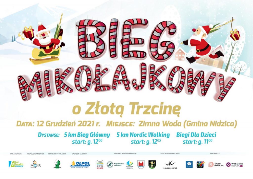 Plakat graficzny zapraszający do miejscowości Zimna Woda w gminie Nidzica na Bieg Mikołajkowy o Złotą Trzcinę - Zimna Woda 2021.