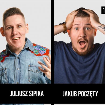 Plakat graficzny zapraszający do Bartoszyc na występ Stand-up Warmia JAKUB POCZĘTY & JULIUSZ SIPIKA - Bartoszyce 2022.