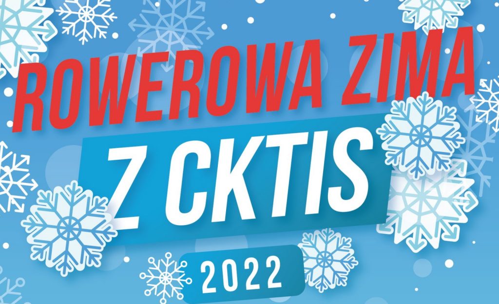 Plakat graficzny zapraszający do Biskupca na rowerową zimę 2022 w Biskupcu. 