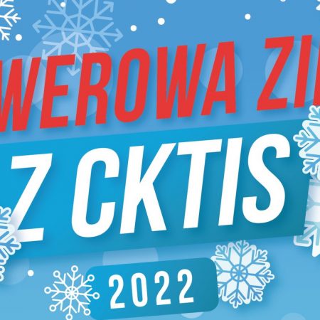 Plakat graficzny zapraszający do Biskupca na rowerową zimę 2022 w Biskupcu. 