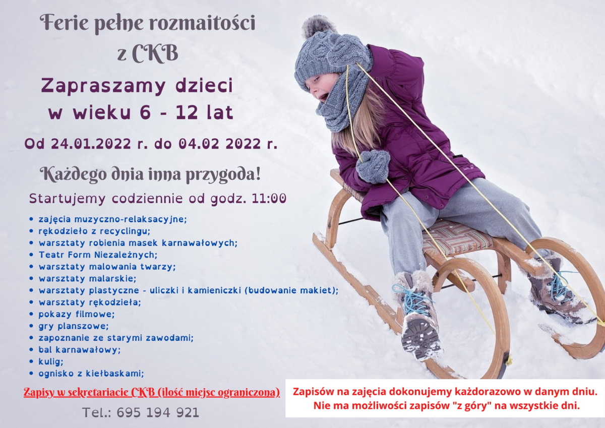 Plakat graficzny zapraszający do Dobrego Miasta na ferie zimowe 2022 pełne rozmaitości w Dobrym Mieście.