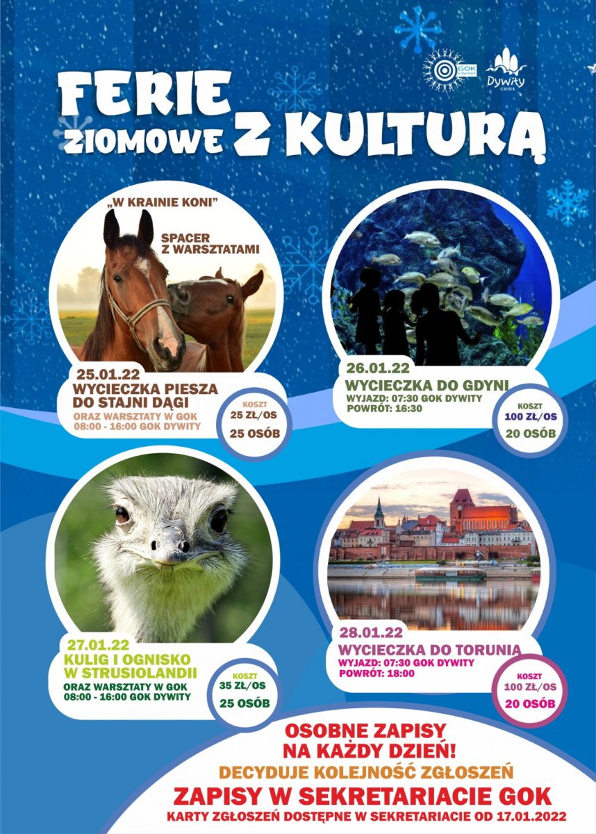 Plakat graficzny zapraszający do Dywit na ferie zimowe 2022 z kulturą w Dywitach.