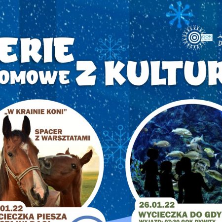Plakat graficzny zapraszający do Dywit na ferie zimowe 2022 z kulturą w Dywitach.
